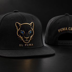 El Puma Blue Eyes black snapback cap concept with gold puma embroidery