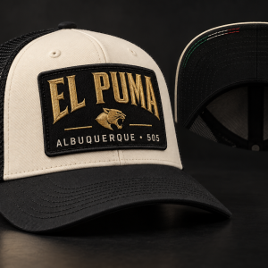 El Puma Fight Night ivory and black trucker cap concept with Albuquerque 505 patch