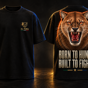 El Puma Hunt Mode heavyweight black T-shirt concept with gold branding and blue-eyed puma artwork